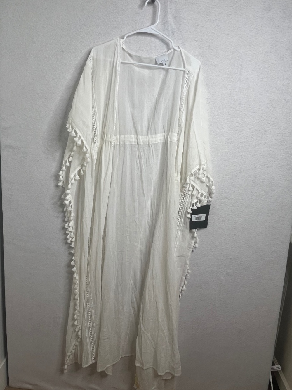Olia White Boho Kimono Tassel Trim Sheer Cover Up Beach Duster XL